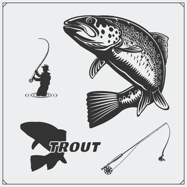 Illustrazione vettoriale di un pesce trota ed elementi di design di pesca . — Vettoriale Stock