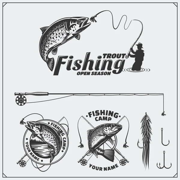 Set of retro fishing labels, badges, emblems and design elements. Vintage style design. — Stock Vector