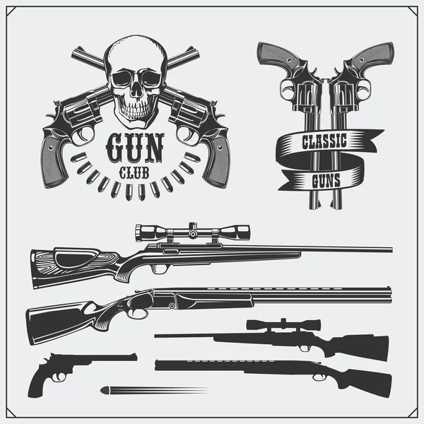 Collection of Guns. Revolvers, shotguns and rifles. Gun club labels and design elements. — Stock Vector