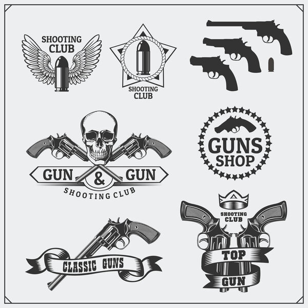 Коллекция эмблем, этикеток и элементов дизайна Gun Club. Револьверы, пули и мишени
.