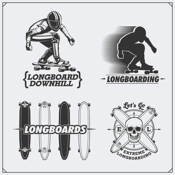Colección de etiquetas de longboard y skateboarding, emblemas, insignias y elementos de diseño. Silueta de un longboarder . — Archivo Imágenes Vectoriales
