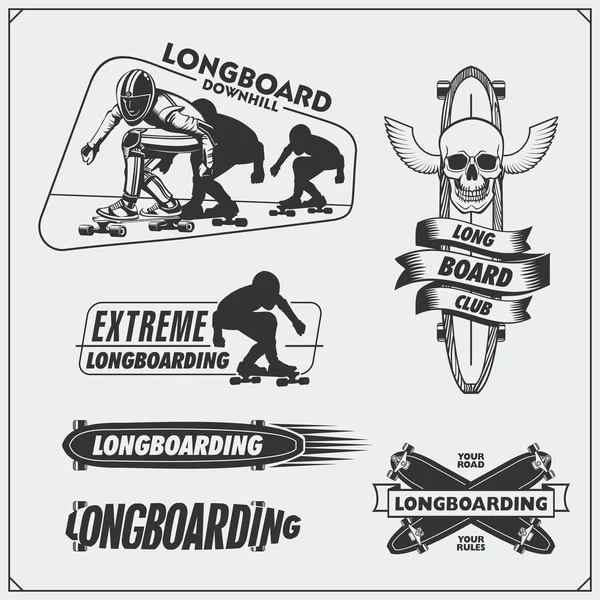 Sammlung von Longboard- und Skateboarding-Etiketten, Emblemen, Abzeichen und Designelementen. Silhouette eines Longboarders. — Stockvektor