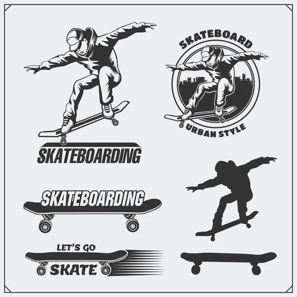 Sammlung von Skateboarding-Etiketten, Emblemen, Abzeichen und Designelementen. Silhouette eines Skateboarders. — Stockvektor