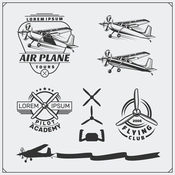 Samolot Club etykiety, emblematy, odznaki i elementy projektu. Ilustracja wektorowa monochromatyczne. Styl Vintage. — Wektor stockowy
