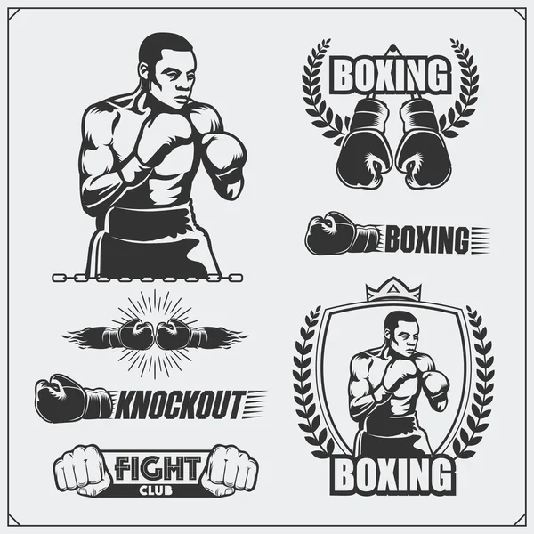 Set of boxing club labels, emblems, badges, icons and design elements. Vintage style. Monochrome illustration. — Stock Vector