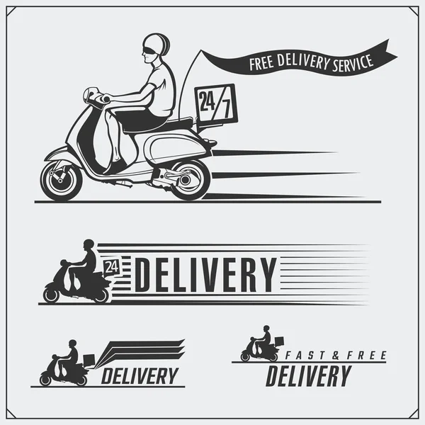 Delivery Etiquetas de servicio, emblemas, insignias y elementos de diseño. 24 Horas de entrega de comida. Ilustración vectorial monocromática. Estilo vintage . — Vector de stock