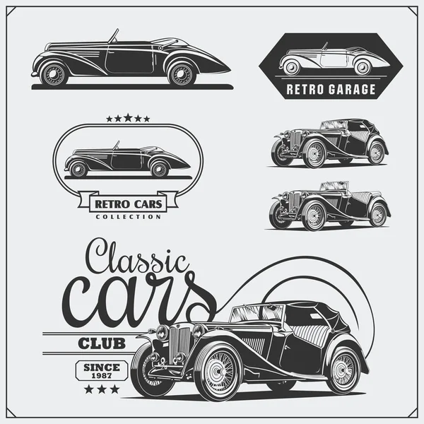 Carros antigos prontos. Garagem de carros retro. Clássico músculo carros rótulos, emblemas e elementos de design . — Vetor de Stock