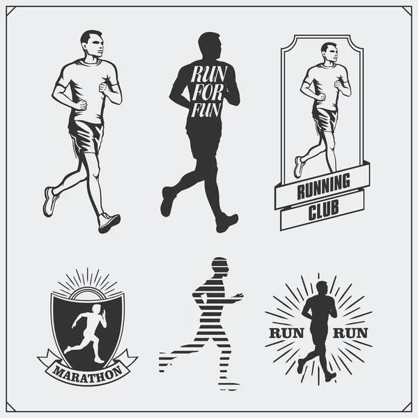 Set of jogging and running club labels, emblems and design elements. Silhouettes of runners. — Stock Vector