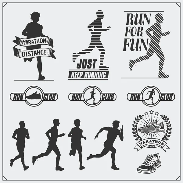 Conjunto de etiquetas de jogging e running club, emblemas e elementos de design. Silhuetas de corredores . — Vetor de Stock