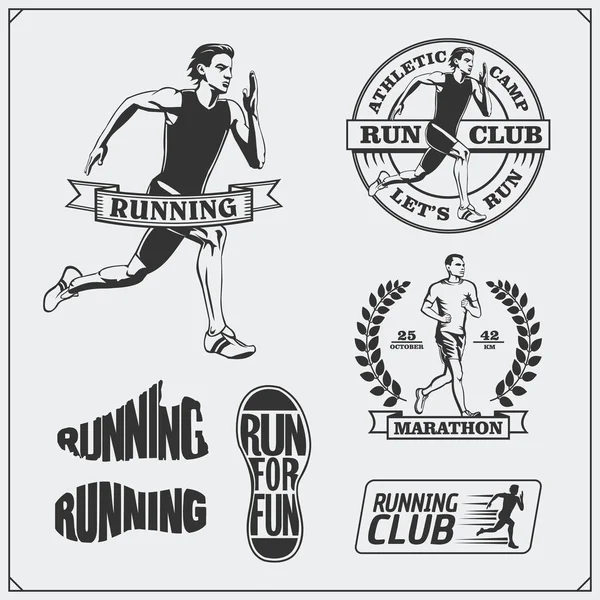 Conjunto de etiquetas para correr y correr, emblemas, insignias y elementos de diseño. Zapatillas de running iconos y siluetas de corredores . — Archivo Imágenes Vectoriales