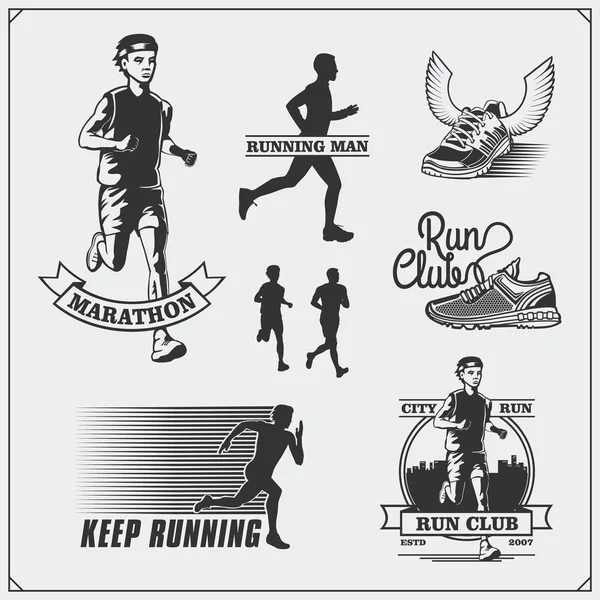 Set of jogging and running club labels, emblems and design elements. Silhouettes of runners. — Stock Vector