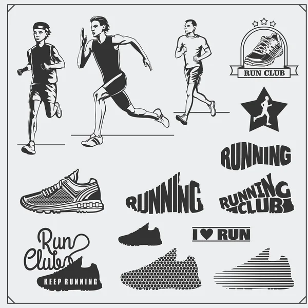 Set jogging dan menjalankan label klub, emblem, lencana dan elemen desain. Sepatu lari ikon dan siluet pelari . - Stok Vektor