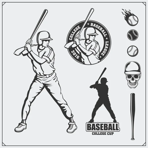 Béisbol emblemas del club, etiquetas y elementos de diseño. Jugador de béisbol, bolas, cascos y murciélagos. Jugador de béisbol, pelota, casco, guante y bate . — Vector de stock