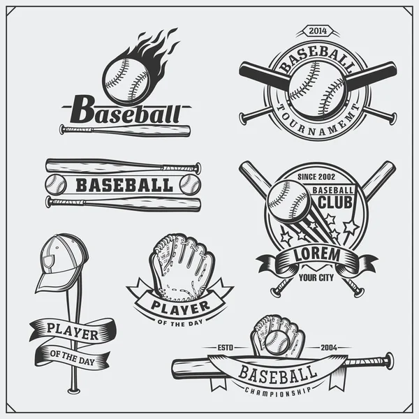 Béisbol emblemas del club, etiquetas y elementos de diseño. Jugador de béisbol, bolas, cascos y murciélagos. Jugador de béisbol, pelota, casco, guante y bate . — Vector de stock