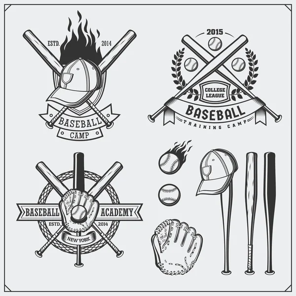 Emblèmes, étiquettes et éléments de design du club de baseball. Joueur de baseball, balles, casques et chauves-souris. Joueur de baseball, balle, casque, gant et batte . — Image vectorielle