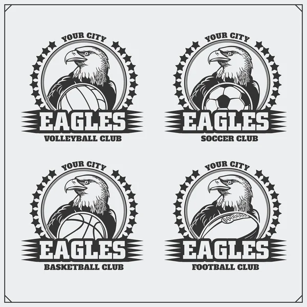 Volleybal, honkbal, voetbal en voetbal logo's en etiketten. Sport club emblemen met adelaar. — Stockvector