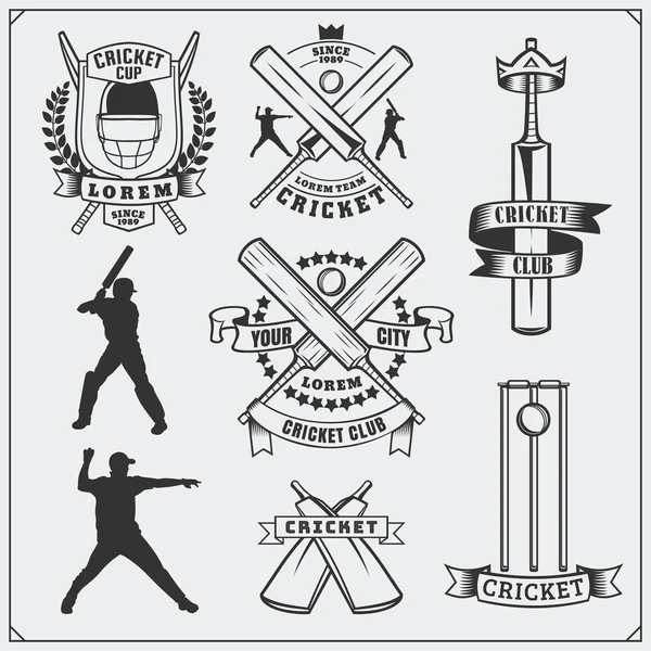 Zestaw symboli sportu cricket, etykiet, logo i elementy projektu. Krykiet herby i elementów wyposażenia. — Wektor stockowy