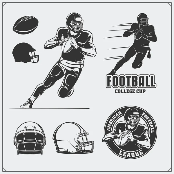 Американские футбольные ярлыки, эмблемы и элементы дизайна. Футболист, мячи и шлемы . — стоковый вектор