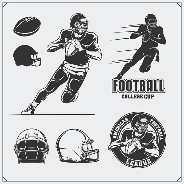 Amerikan futbolu etiketleri, amblem ve tasarım öğeleri. Futbolcu, toplar ve kask.