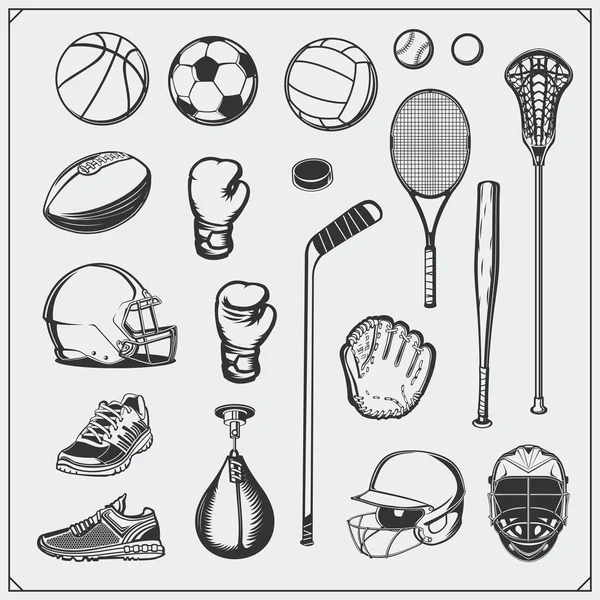 Комплект спортивного оборудования. Футбол, футбол, лакросс, баскетбол, бейсбол, хоккей и теннис . — стоковый вектор