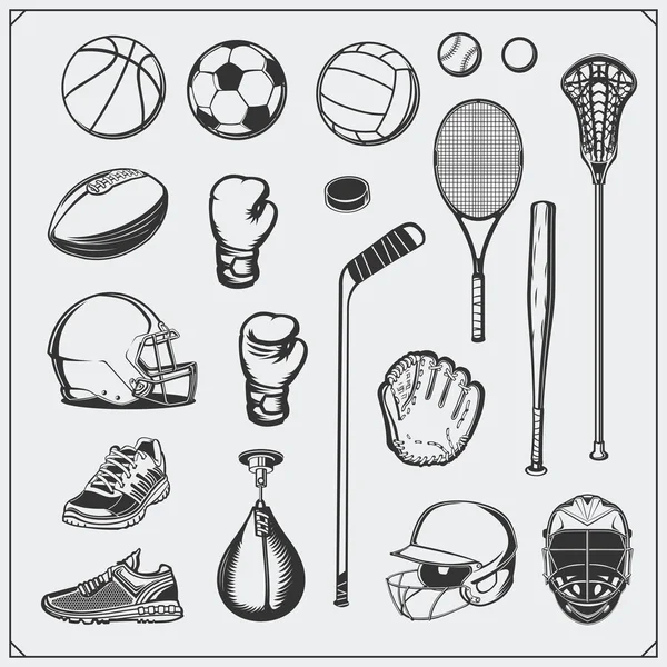 Conjunto de equipamento desportivo. Futebol, futebol, lacrosse, basquete, beisebol, hóquei e tênis . — Vetor de Stock