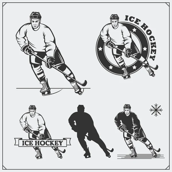 Set von Eishockey-Etiketten, Emblemen, Symbolen, Abzeichen, Designelementen und Silhouetten der Spieler. — Stockvektor