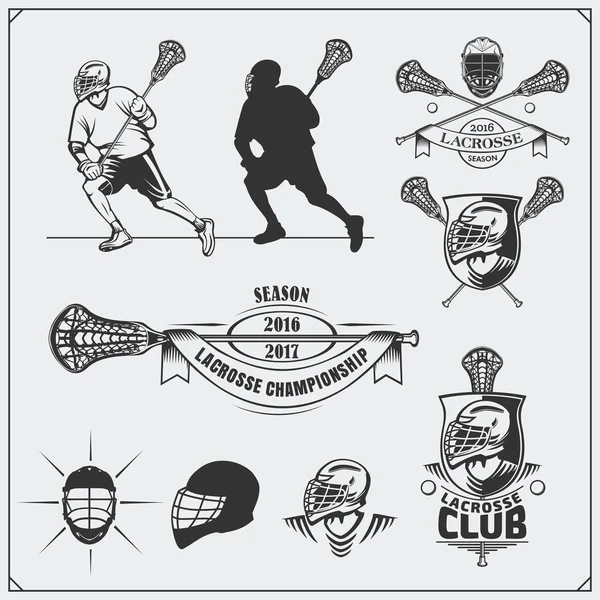 Lacrosse club label, emblemi, elementi di design e silhouette dei giocatori . — Vettoriale Stock