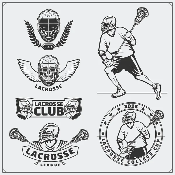 Lacrosse club címkék, matricák, design elemek és a játékosok sziluettek. — Stock Vector