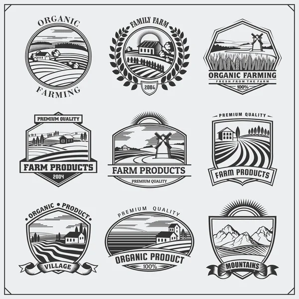 Ilustración vectorial de paisajes retro. Granja etiquetas de alimentos frescos, insignias, emblemas y elementos de diseño. Diseño orgánico, ecológico y bio-natural. Conjunto de etiquetas de calidad premium vintage . — Vector de stock