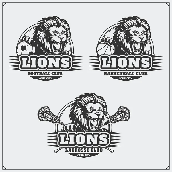 Logotipos y etiquetas de fútbol, baloncesto y lacrosse. emblemas del club deportivo con la cabeza de león . — Vector de stock