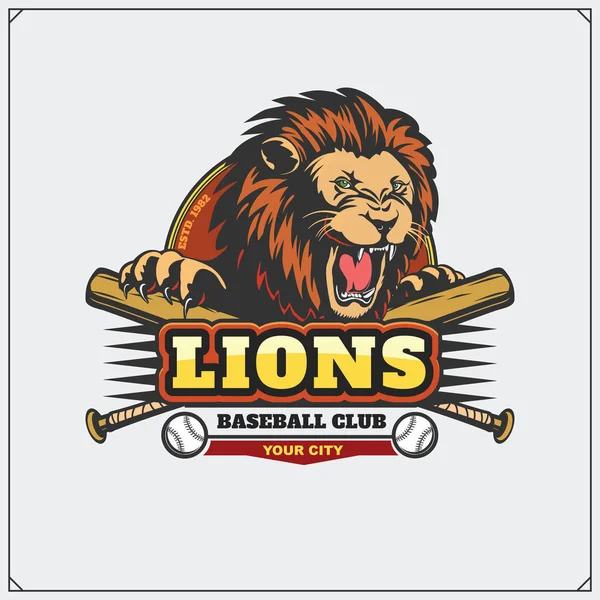 Béisbol emblema del club con la cabeza de león . — Vector de stock