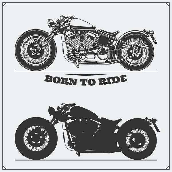 摩托车组。骑自行车的人俱乐部的象征。复古的风格。单色设计. — 图库矢量图片