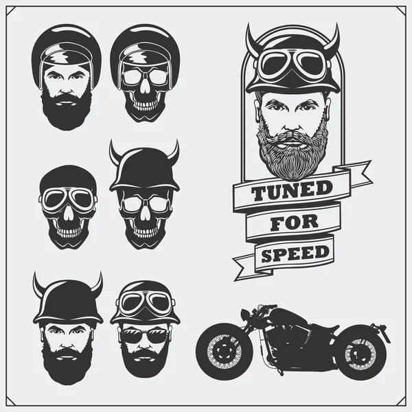 Collection of retro motorcycle labels, emblems and design elements. Helmets, goggles, bikers and racers. Vintage style. Monochrome design. — Stock Vector