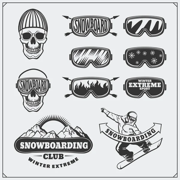 Sada Snowboarding extrémní štítky, emblémy, odznaky a prvky návrhu. Vintage horské dobrodružství symboly. — Stockový vektor