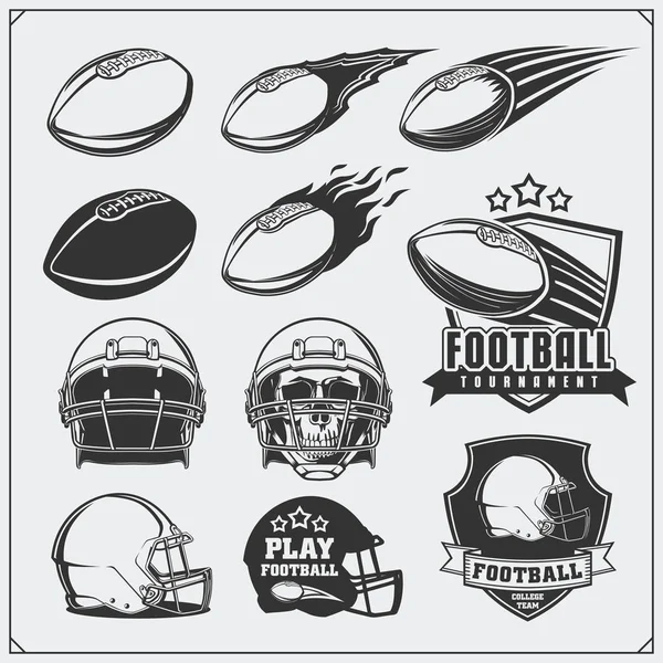 Soccer Football labels, emblems and design elements. Balls and helmets. Vector set. Monochrome design. — Stock Vector