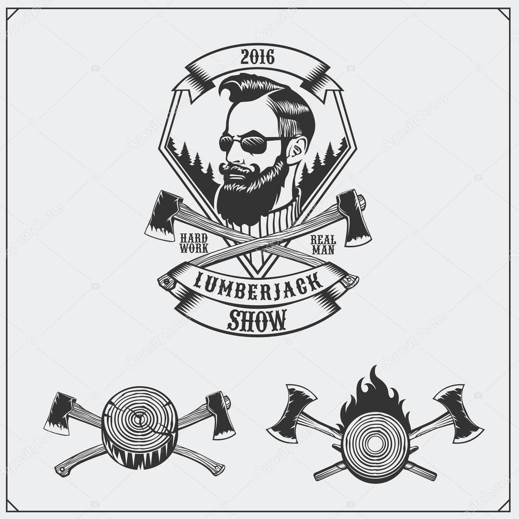 Lumberjack label, axes and design elements. Hipster vintage style. Vector illustration.