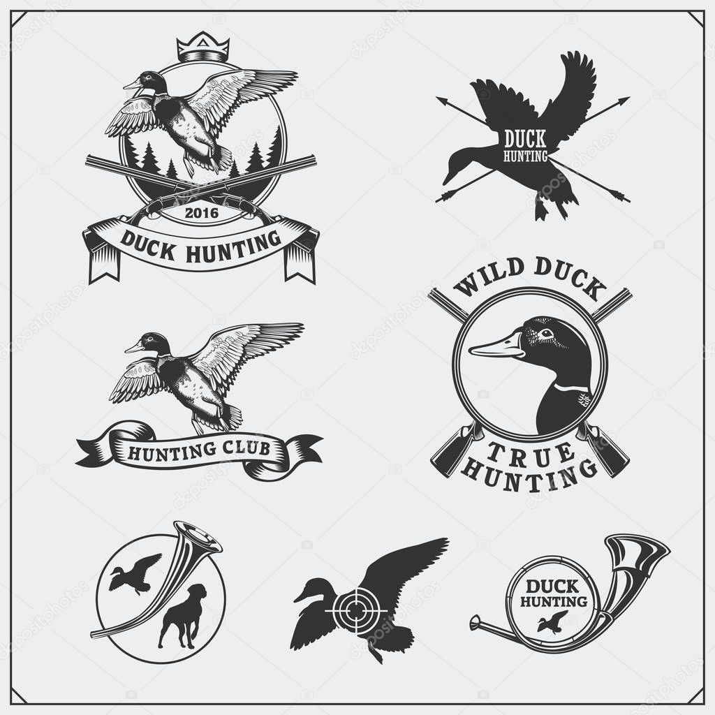 Set of hunting labels and emblems with wild duck.
