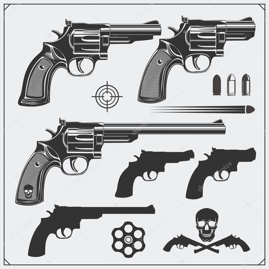 Collection of Guns. Revolvers, Bullets and target.