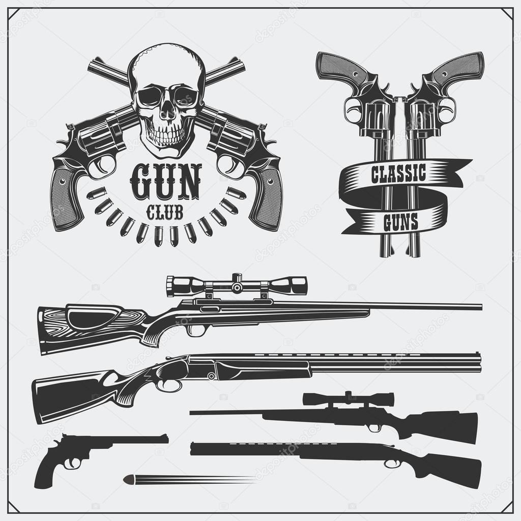 Collection of Guns. Revolvers, shotguns and rifles. Gun club labels and design elements.