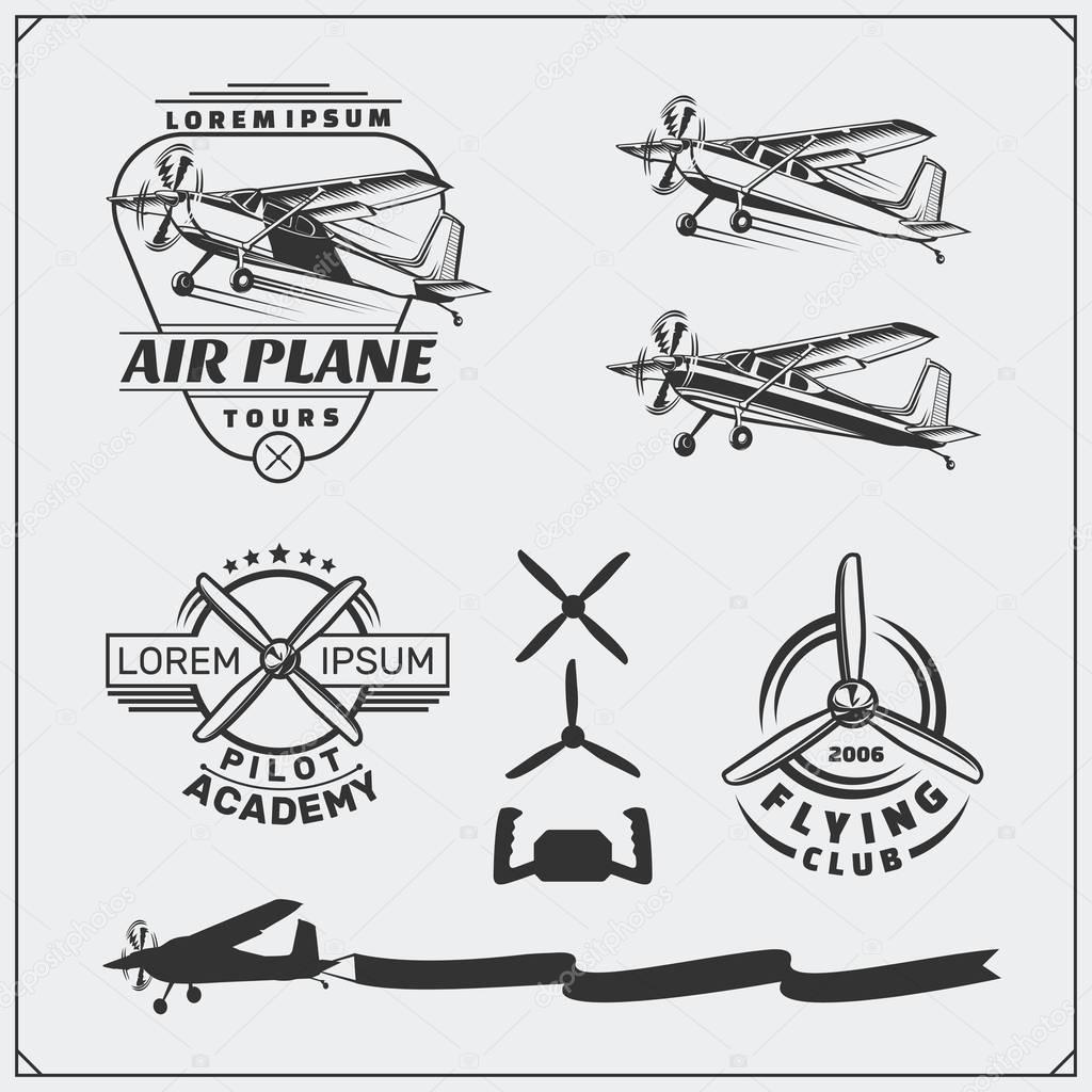 Airplane Club labels, emblems, badges and design elements. Vector monochrome illustration. Vintage style.