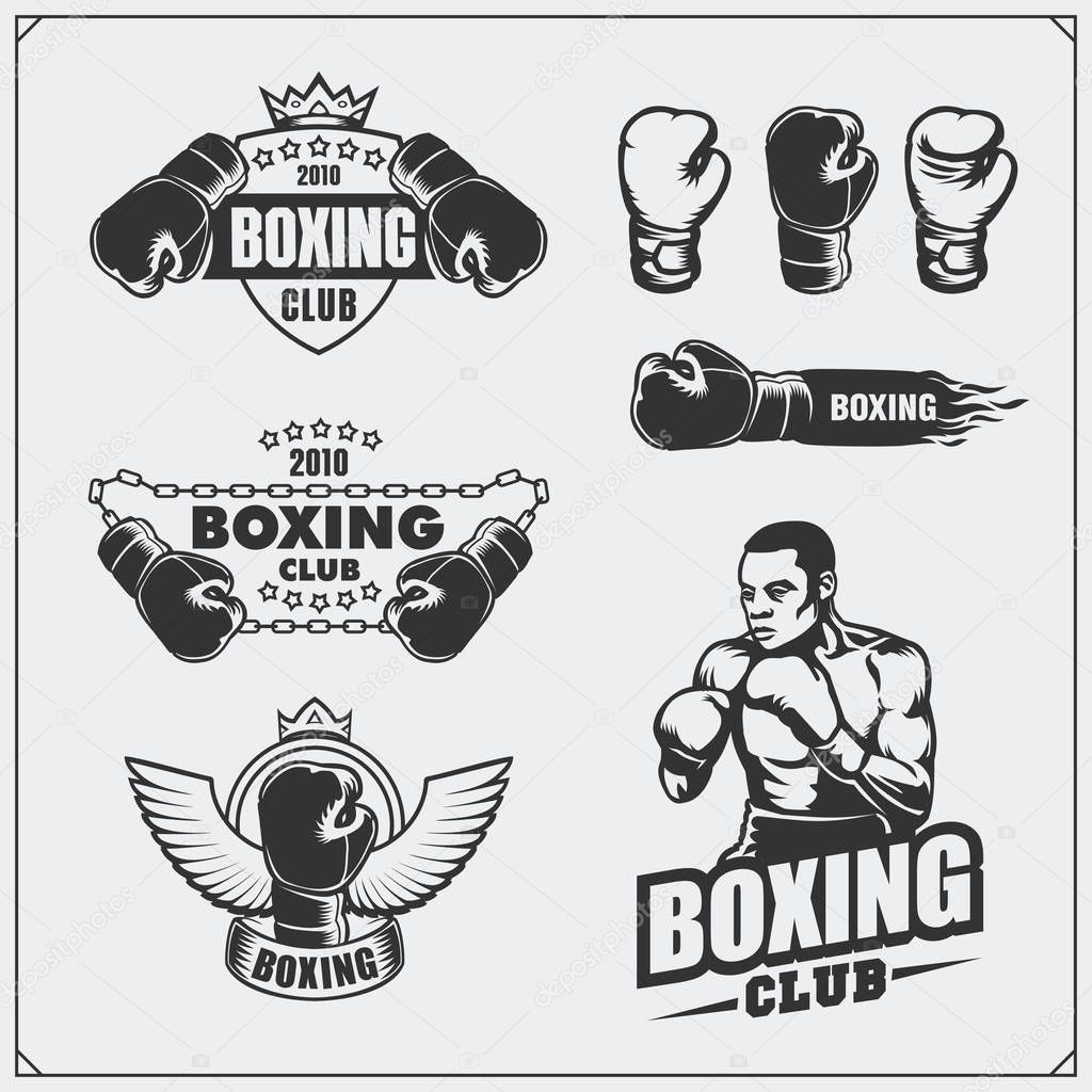 Set of boxing club labels, emblems, badges, icons and design elements. Vintage style. Monochrome illustration.