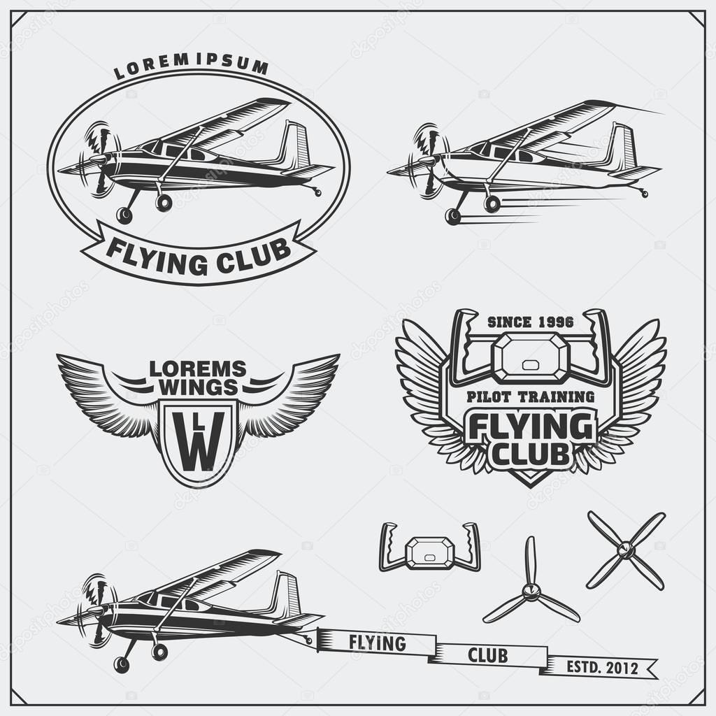 Airplane Club labels, emblems, badges and design elements. Vector monochrome illustration. Vintage style.