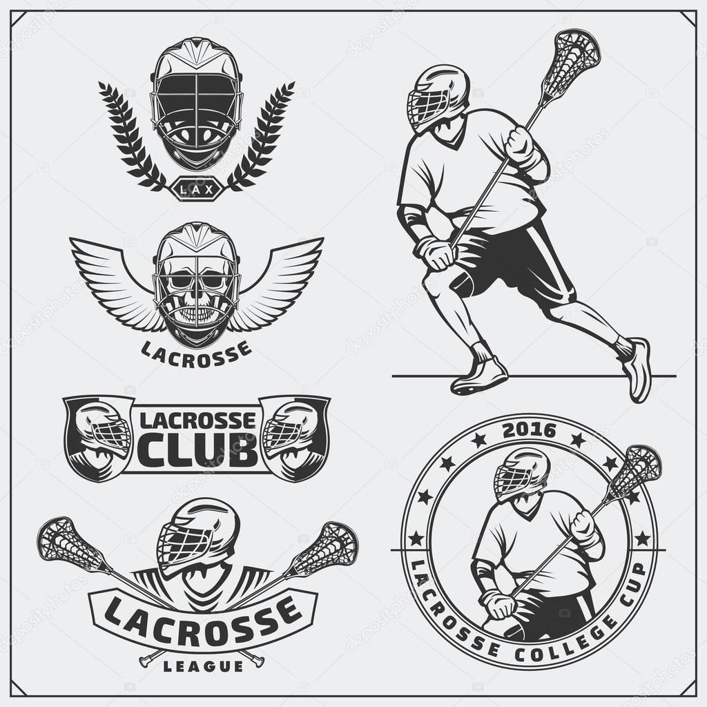 Lacrosse club labels, emblems, design elements and silhouettes of the players.