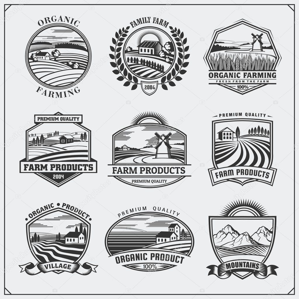 Vector illustration of retro landscapes. Farm fresh food labels, badges, emblems and design elements. Organic, ecology and bio natural design. Set of vintage premium quality labels.