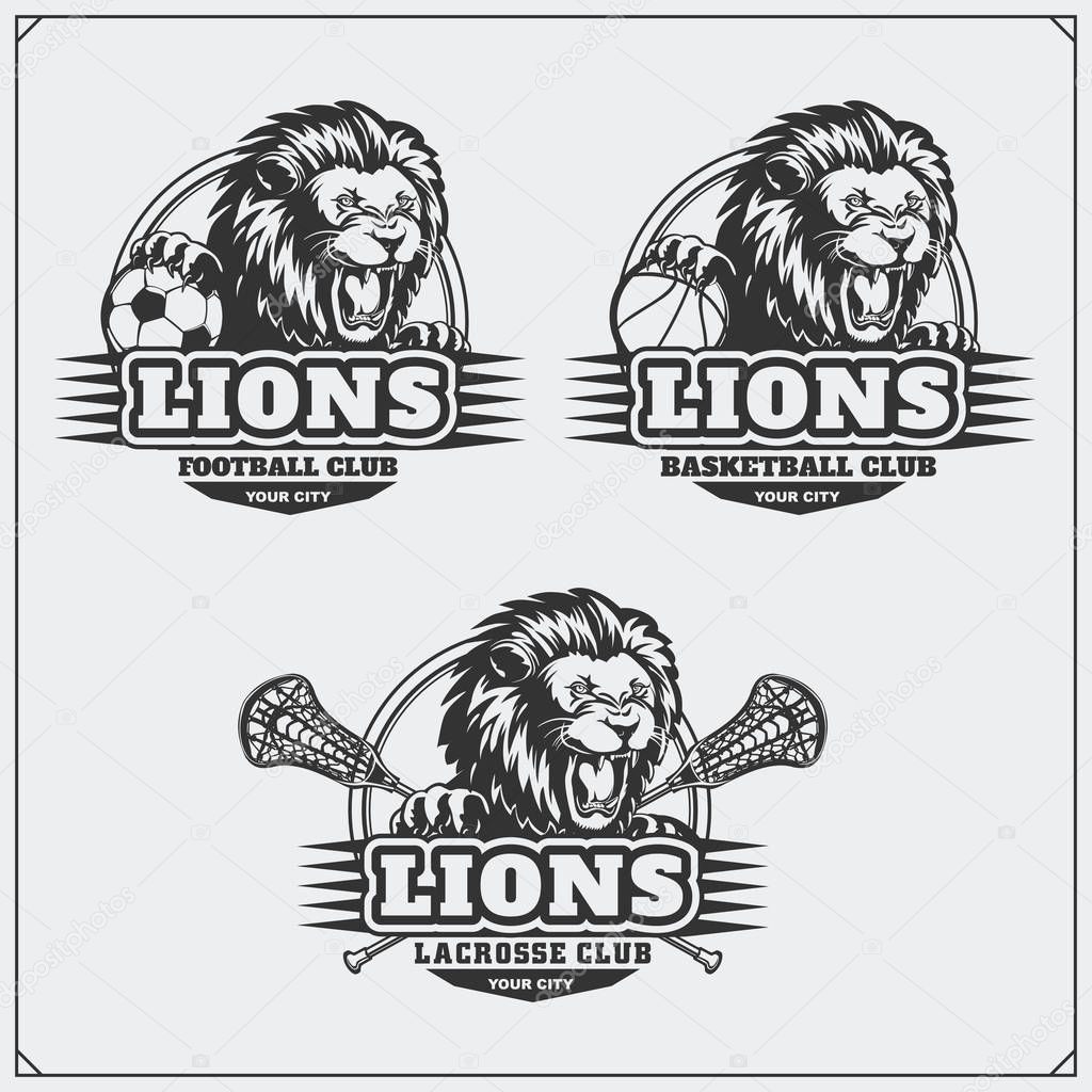 Football, basketball and lacrosse logos and labels. Sport club emblems with head of lion.