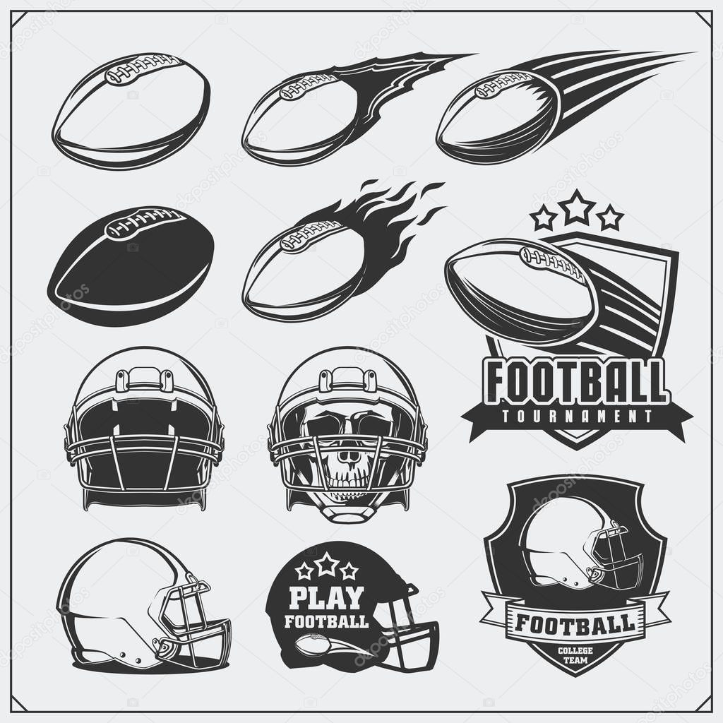 Soccer Football labels, emblems and design elements. Balls and helmets. Vector set. Monochrome design.