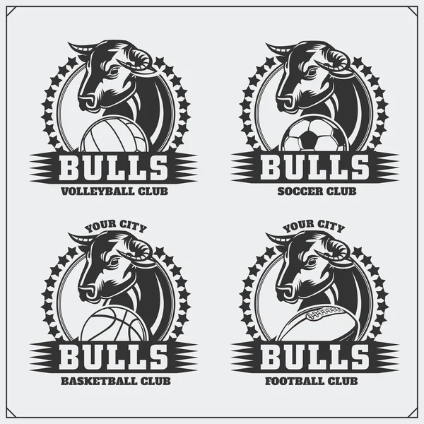 Logotipos y etiquetas de voleibol, béisbol, fútbol y fútbol. Emblemas del club deportivo con toro . — Archivo Imágenes Vectoriales