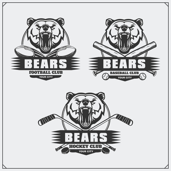 Football, baseball and hockey logos and labels. Sport club emblems with bear.