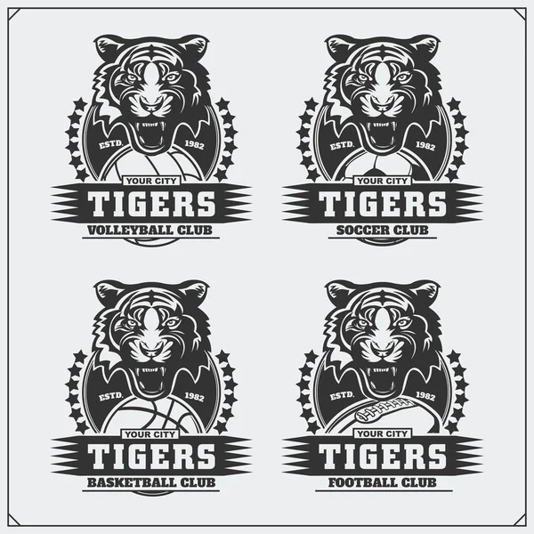 Volleyball, Baseball, Fußball und Fußball Logos und Etiketten. Sportvereinswappen mit Tiger. — Stockvektor