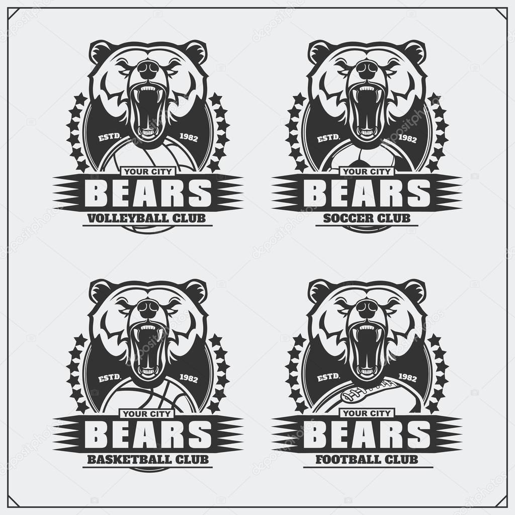 Volleyball, baseball, soccer and football logos and labels. Sport club emblems with bear.